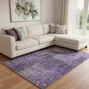 HomeRoots 10' X 14' Eggplant and Gray Patchwork Washable Area Rug - Durable, UV-Protected, Stain-Resistant Design 655433