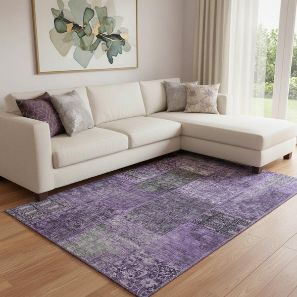 HomeRoots 10' X 14' Eggplant and Gray Patchwork Washable Area Rug - Durable, UV-Protected, Stain-Resistant Design 655433