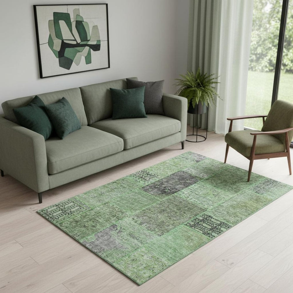 HomeRoots 5' Washable Area Rug in Green, Gray & Charcoal Patchwork - UV Protected, Stain-Resistant, Durable! 655435