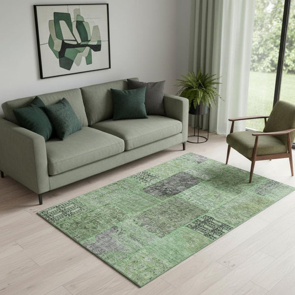 HomeRoots 5' Washable Area Rug in Green, Gray & Charcoal Patchwork - UV Protected, Stain-Resistant, Durable! 655435