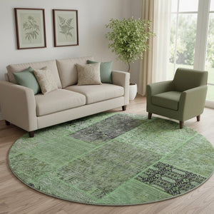 HomeRoots 8' Washable Round Rug in Green, Gray & Charcoal - UV Protected, Stain Resistant, & Durable Design 655436