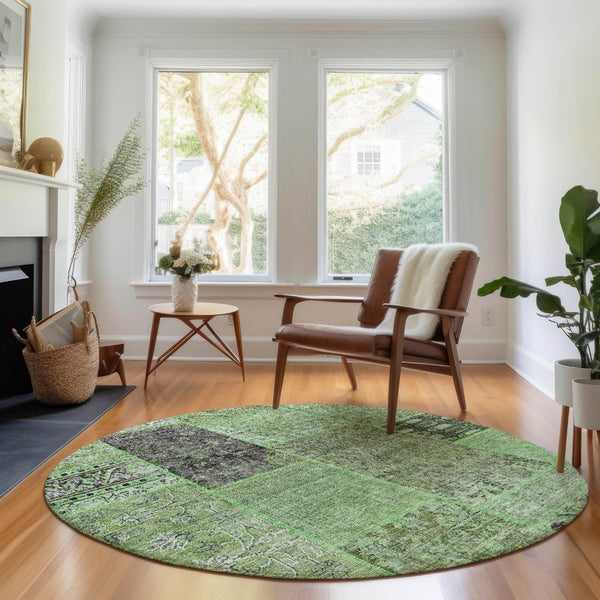 HomeRoots 8' Washable Round Rug in Green, Gray & Charcoal - UV Protected, Stain Resistant, & Durable Design 655436