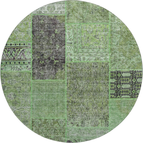 HomeRoots 8' Washable Round Rug in Green, Gray & Charcoal - UV Protected, Stain Resistant, & Durable Design 655436