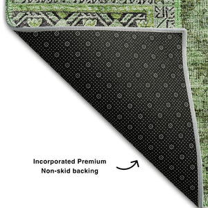 HomeRoots 8' Washable Round Rug in Green, Gray & Charcoal - UV Protected, Stain Resistant, & Durable Design 655436