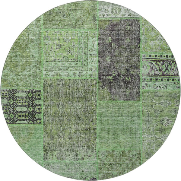 HomeRoots 8' Washable Round Rug in Green, Gray & Charcoal - UV Protected, Stain Resistant, & Durable Design 655436