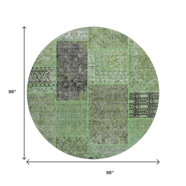 HomeRoots 8' Washable Round Rug in Green, Gray & Charcoal - UV Protected, Stain Resistant, & Durable Design 655436