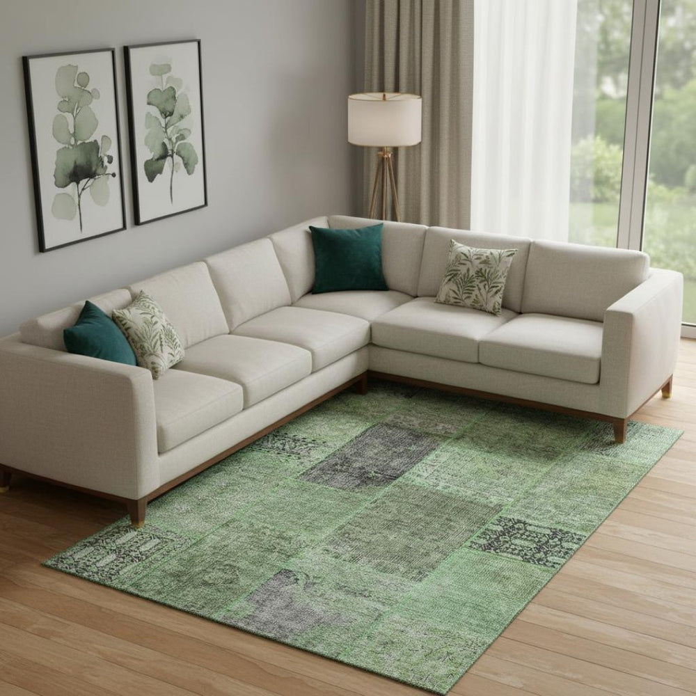 HomeRoots 8' X 10' Contemporary Green Gray Charcoal Patchwork Area Rug - Washable, UV Protected, Durable Design 655437