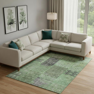 HomeRoots 8' X 10' Contemporary Green Gray Charcoal Patchwork Area Rug - Washable, UV Protected, Durable Design 655437