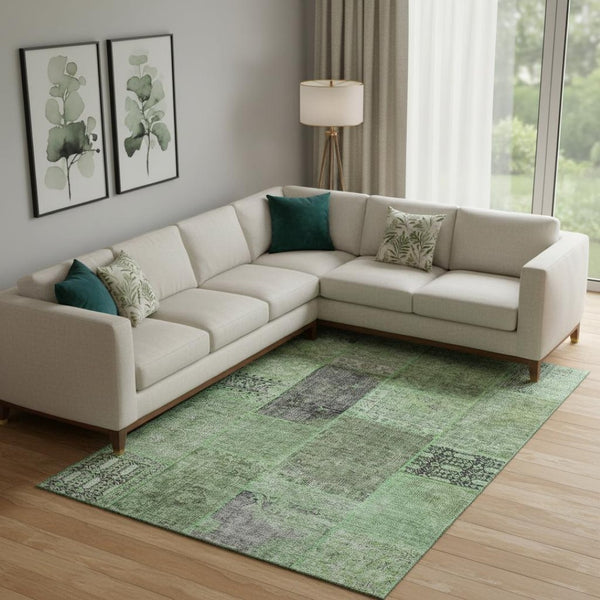HomeRoots 8' X 10' Contemporary Green Gray Charcoal Patchwork Area Rug - Washable, UV Protected, Durable Design 655437