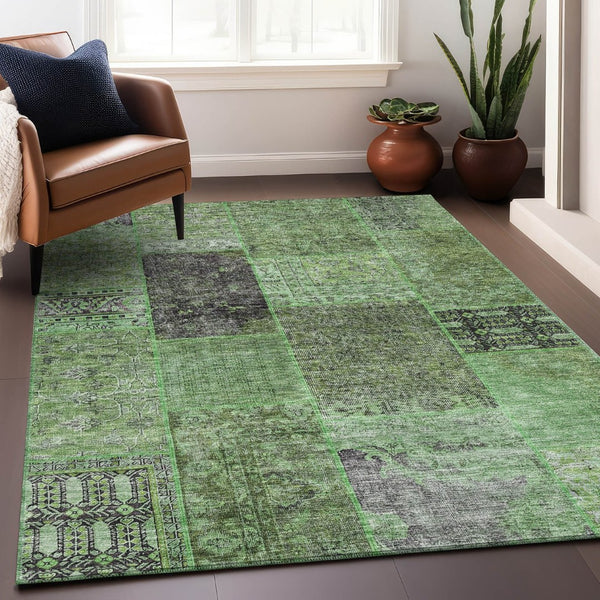 HomeRoots 8' X 10' Contemporary Green Gray Charcoal Patchwork Area Rug - Washable, UV Protected, Durable Design 655437