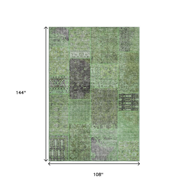 HomeRoots 9' X 12' Washable Patchwork Area Rug - Green, Gray & Charcoal with UV Protection for High-Traffic Areas 655438