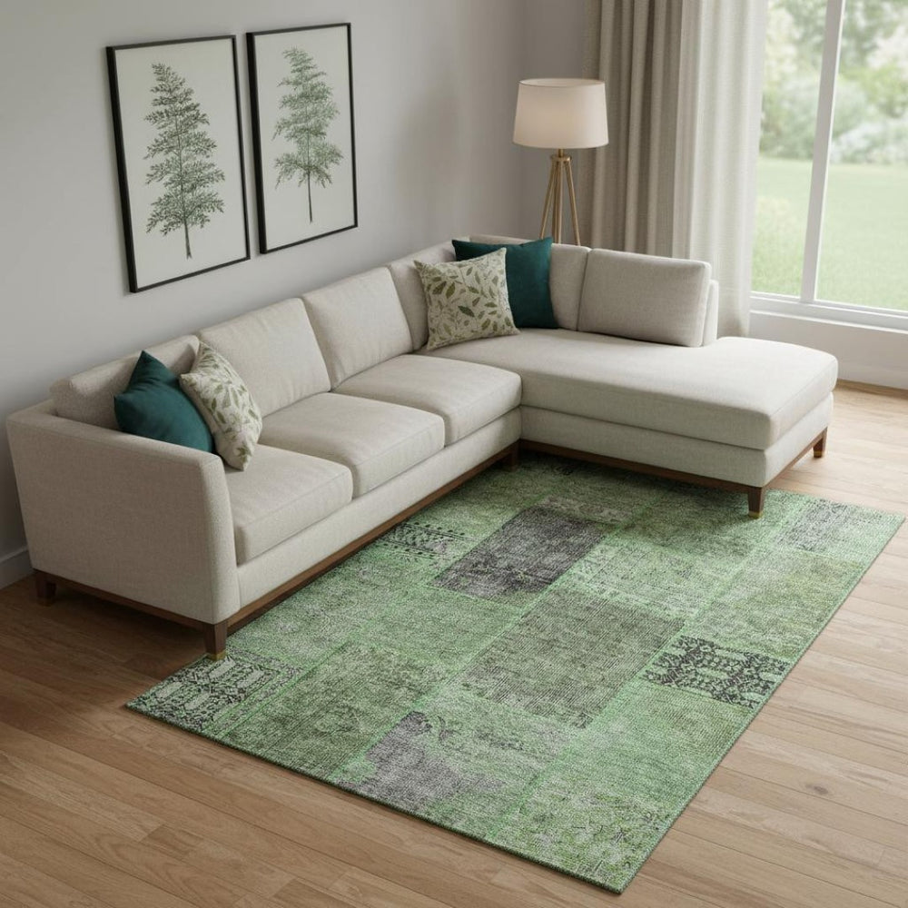 HomeRoots 9' X 12' Washable Patchwork Area Rug - Green, Gray & Charcoal with UV Protection for High-Traffic Areas 655438