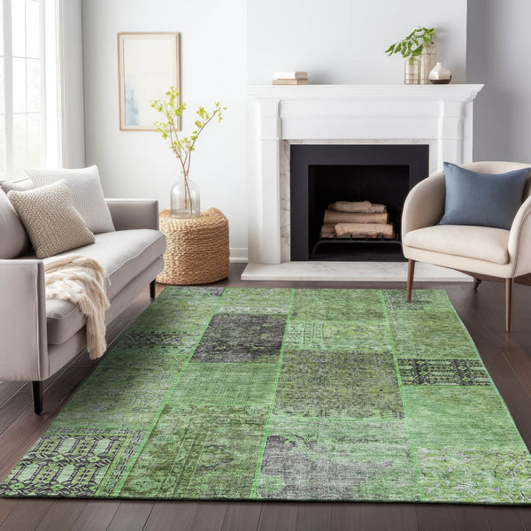 HomeRoots 9' X 12' Washable Patchwork Area Rug - Green, Gray & Charcoal with UV Protection for High-Traffic Areas 655438