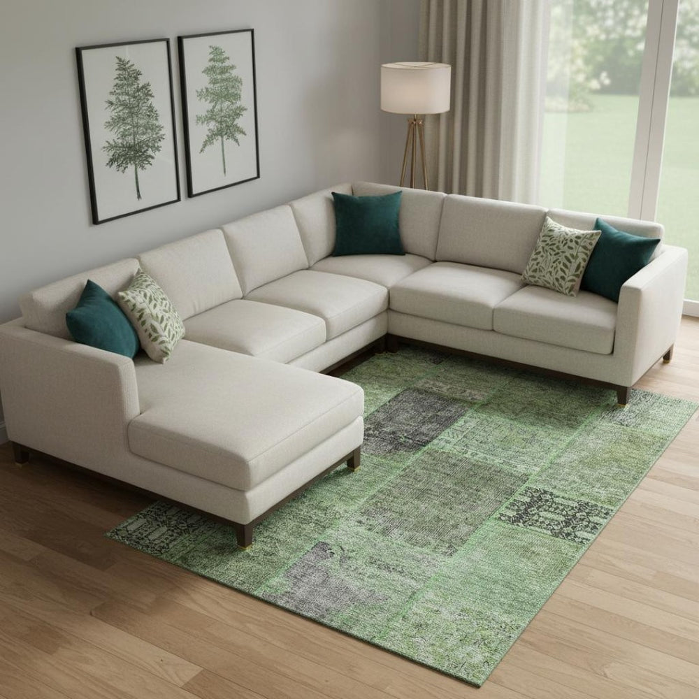 HomeRoots 10' Green, Gray & Charcoal Patchwork Washable Area Rug with UV Protection for Modern Living Spaces 655439