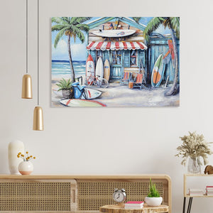 English Elm Blue Beach House Surfboard Coconut Tree Canvas Art - Vibrant Coastal Mural for Living Room, Office W3374P322225