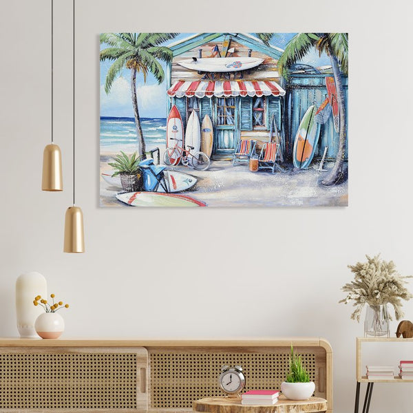 English Elm Blue Beach House Surfboard Coconut Tree Canvas Art - Vibrant Coastal Mural for Living Room, Office W3374P322225