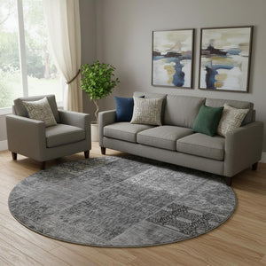 HomeRoots 8' Gray and Silver Patchwork Round Rug - Washable, UV Protected, Stain-Resistant for Busy Homes! 655442