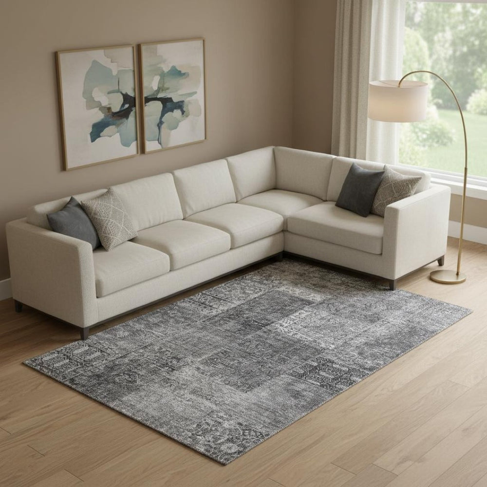 HomeRoots 9' X 12' Gray And Silver Patchwork Area Rug - Washable, UV Protected, Perfect for High-Traffic Spaces 655444