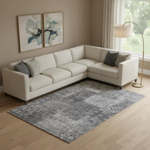 HomeRoots 9' X 12' Gray And Silver Patchwork Area Rug - Washable, UV Protected, Perfect for High-Traffic Spaces 655444