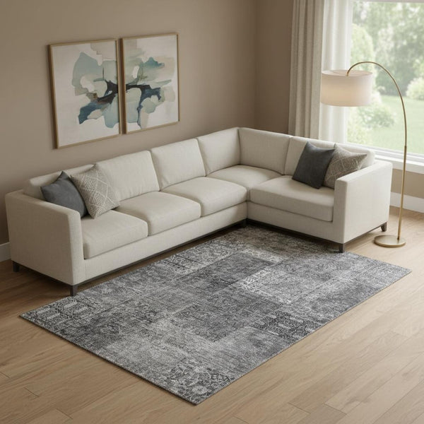 HomeRoots 9' X 12' Gray And Silver Patchwork Area Rug - Washable, UV Protected, Perfect for High-Traffic Spaces 655444