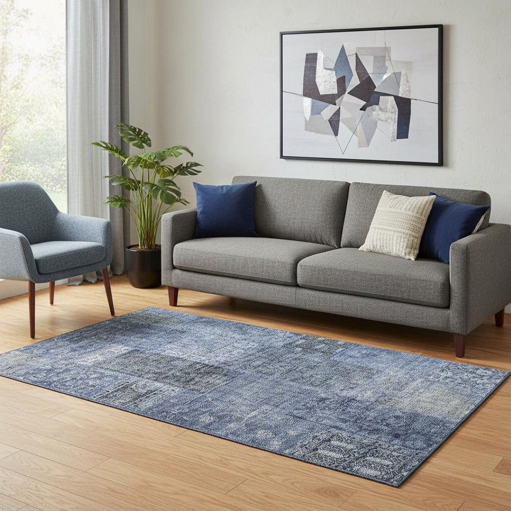 HomeRoots 5' Navy Blue, Gray & Silver Patchwork Area Rug - Washable, UV Protected, Stain-Resistant & Durable! 655447