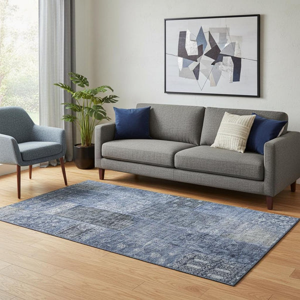 HomeRoots 5' Navy Blue, Gray & Silver Patchwork Area Rug - Washable, UV Protected, Stain-Resistant & Durable! 655447