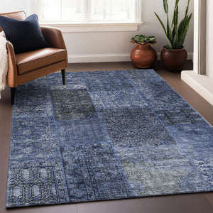 HomeRoots 5' Navy Blue, Gray & Silver Patchwork Area Rug - Washable, UV Protected, Stain-Resistant & Durable! 655447