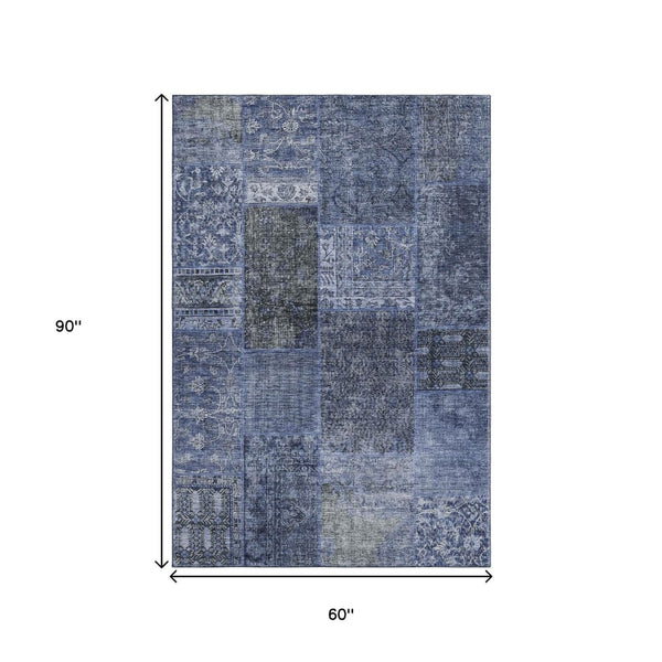 HomeRoots 5' Navy Blue, Gray & Silver Patchwork Area Rug - Washable, UV Protected, Stain-Resistant & Durable! 655447