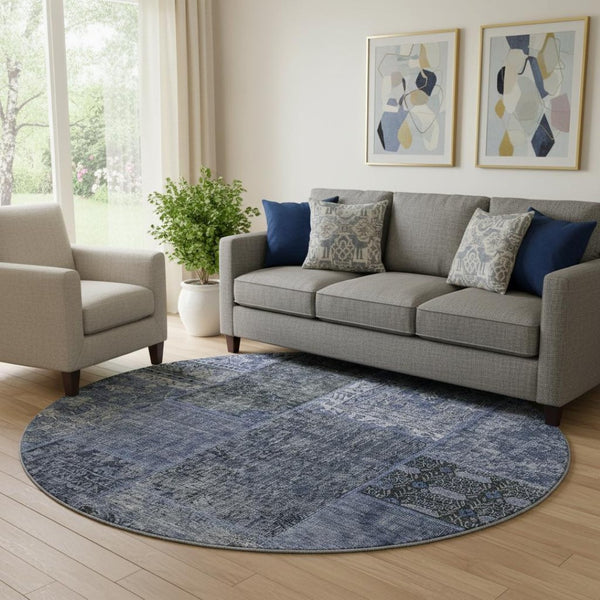 HomeRoots 8' Washable Round Patchwork Rug in Navy Blue, Gray & Silver - UV Protected, Durable & Easy-Care! 655448