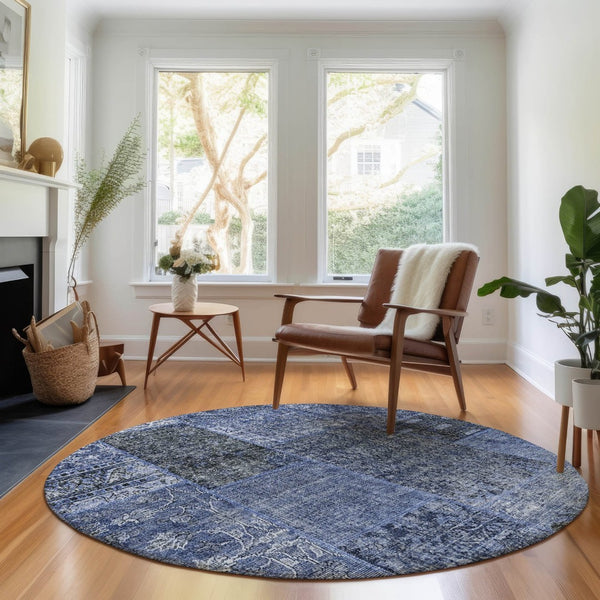 HomeRoots 8' Washable Round Patchwork Rug in Navy Blue, Gray & Silver - UV Protected, Durable & Easy-Care! 655448