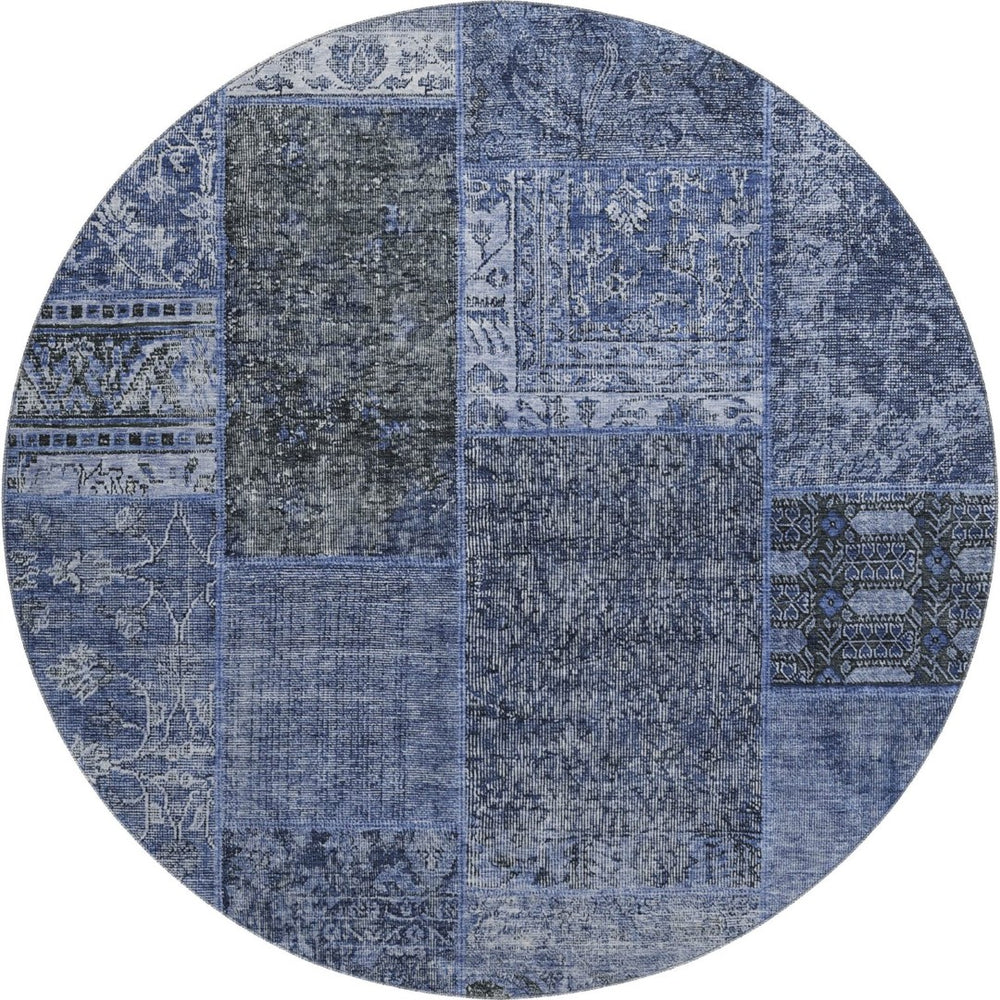 HomeRoots 8' Washable Round Patchwork Rug in Navy Blue, Gray & Silver - UV Protected, Durable & Easy-Care! 655448