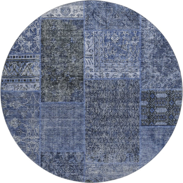 HomeRoots 8' Washable Round Patchwork Rug in Navy Blue, Gray & Silver - UV Protected, Durable & Easy-Care! 655448