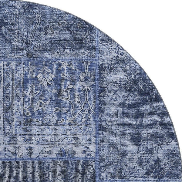 HomeRoots 8' Washable Round Patchwork Rug in Navy Blue, Gray & Silver - UV Protected, Durable & Easy-Care! 655448