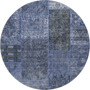 HomeRoots 8' Washable Round Patchwork Rug in Navy Blue, Gray & Silver - UV Protected, Durable & Easy-Care! 655448