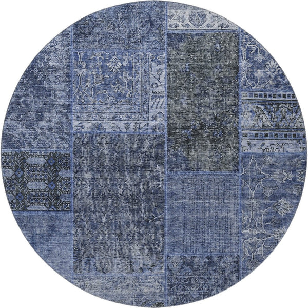 HomeRoots 8' Washable Round Patchwork Rug in Navy Blue, Gray & Silver - UV Protected, Durable & Easy-Care! 655448