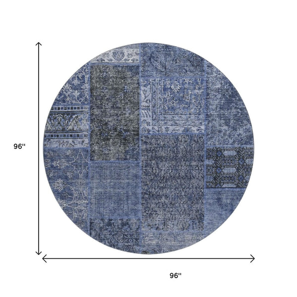 HomeRoots 8' Washable Round Patchwork Rug in Navy Blue, Gray & Silver - UV Protected, Durable & Easy-Care! 655448