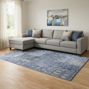 HomeRoots 8' X 10' Stylish Navy Blue Gray Silver Patchwork Area Rug – Washable, Durable, Stain Resistant & UV Safe 655449