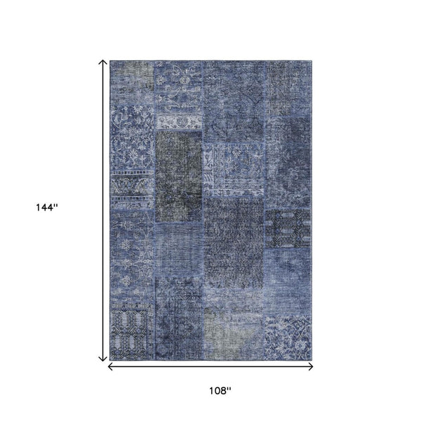 HomeRoots 9' X 12' Navy Blue Gray Silver Patchwork Area Rug - Washable, UV Protected, Stain Resistant, Durable 655450
