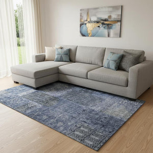 HomeRoots 9' X 12' Navy Blue Gray Silver Patchwork Area Rug - Washable, UV Protected, Stain Resistant, Durable 655450