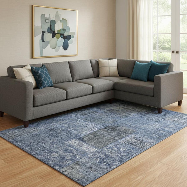 HomeRoots 10' X 14' Navy Blue, Gray & Silver Patchwork Washable Area Rug - Durable, UV Protected & Stylish 655451