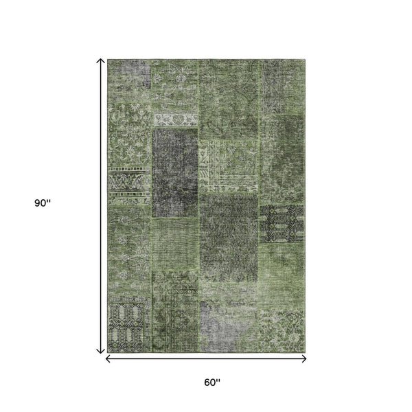 HomeRoots 5' X 8' Olive Green & Gray Patchwork Area Rug - Stain Resistant, UV-Protected, Durable & Stylish! 655453