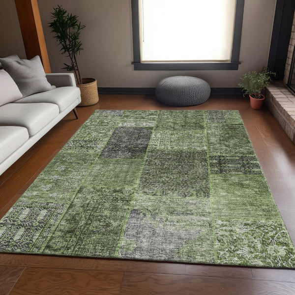 HomeRoots 5' X 8' Olive Green & Gray Patchwork Area Rug - Stain Resistant, UV-Protected, Durable & Stylish! 655453