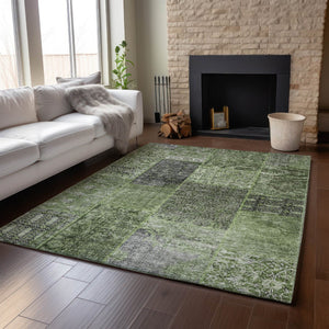 HomeRoots 5' X 8' Olive Green & Gray Patchwork Area Rug - Stain Resistant, UV-Protected, Durable & Stylish! 655453