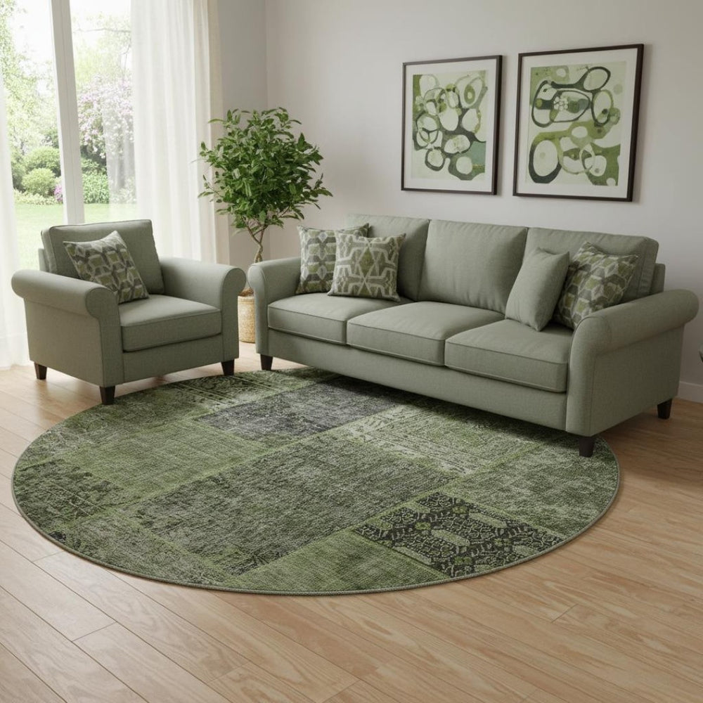HomeRoots 8' Olive Green & Gray Patchwork Washable Round Rug - Stylish, Durable, UV-Protected for All Spaces 655454