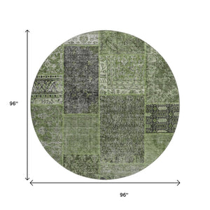 HomeRoots 8' Olive Green & Gray Patchwork Washable Round Rug - Stylish, Durable, UV-Protected for All Spaces 655454