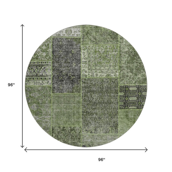 HomeRoots 8' Olive Green & Gray Patchwork Washable Round Rug - Stylish, Durable, UV-Protected for All Spaces 655454