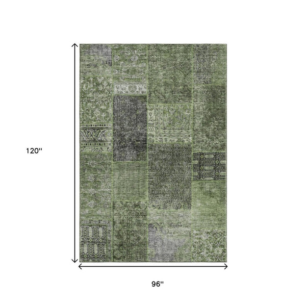 HomeRoots 8' X 10' Olive Green Gray Patchwork Washable Area Rug - Durable, UV Protected, Family-Friendly Design 655455