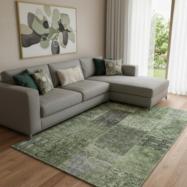 HomeRoots 8' X 10' Olive Green Gray Patchwork Washable Area Rug - Durable, UV Protected, Family-Friendly Design 655455