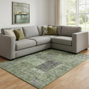HomeRoots 9' X 12' Olive Green & Gray Patchwork Area Rug – Washable, UV-Protected, Perfect for High-Traffic Rooms 655456