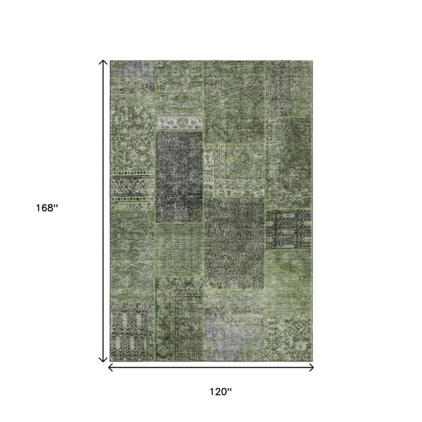 HomeRoots 10' Olive Green and Gray Patchwork Area Rug - Washable, UV Protected, Durable for High-Traffic Spaces 655457